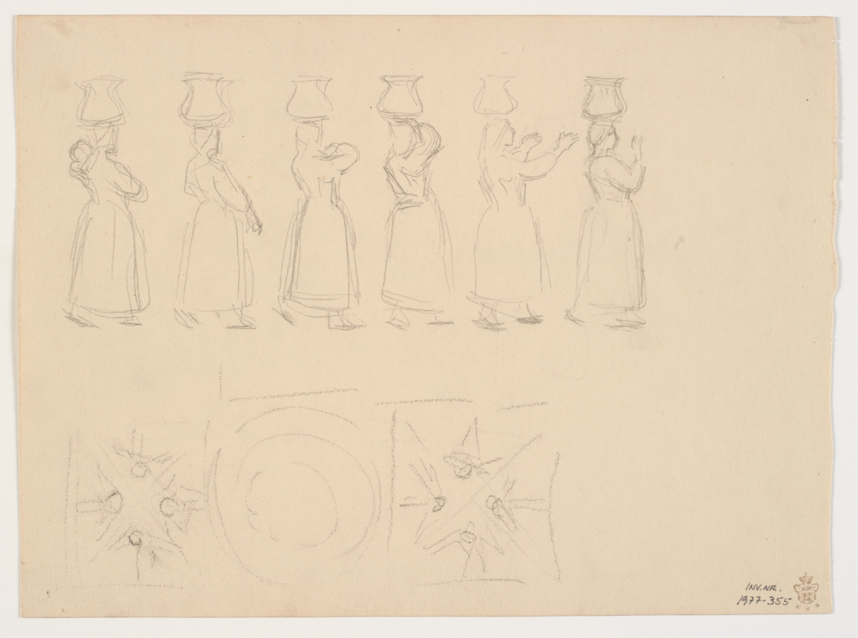 Rids af en række gående kvinder med krukker på hovedet samt af hvælv og kuppel